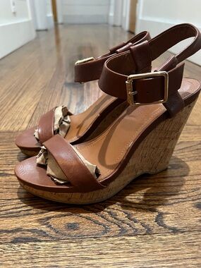 Calvin Klein Brown Cork Wedge Sandals with Gold Buckles